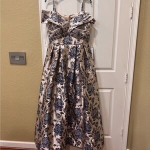 Nightway Dresses Blue Floral Jacquard Metallic Gown